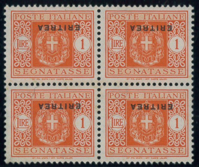 Eritrea italiana 1934 - Envío adeudado 1 lira naranja n. 34a en cuarteta con sobreimpresión invertida. Cert. R. Diena