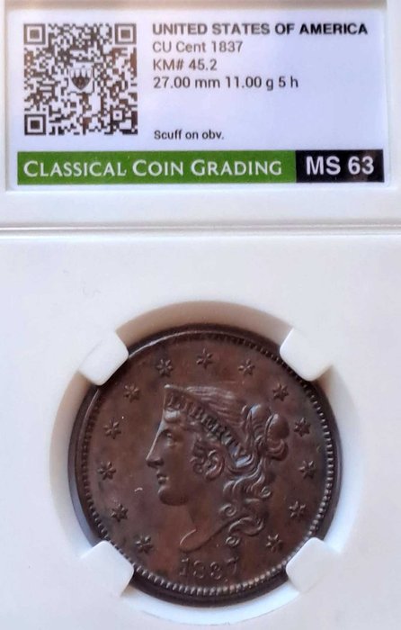 美国. Coronet Head Cent 1837, Plain Cords, Medium Letters