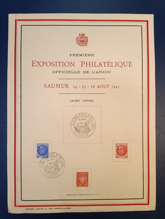 法國  - 索米爾集郵博覽會 1943 年版 700 張。 511號為展覽專用穿孔。稀有的