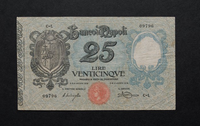 意大利, 那不勒斯银行 - 25 Lire 17/08/1918 "Stemma" - Gigante BN 2A