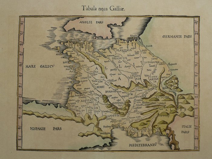 欧洲, 地图 - 法国/比利时/荷兰/瑞士; L. Fries - Tabula nova Galliae - 1521-1550