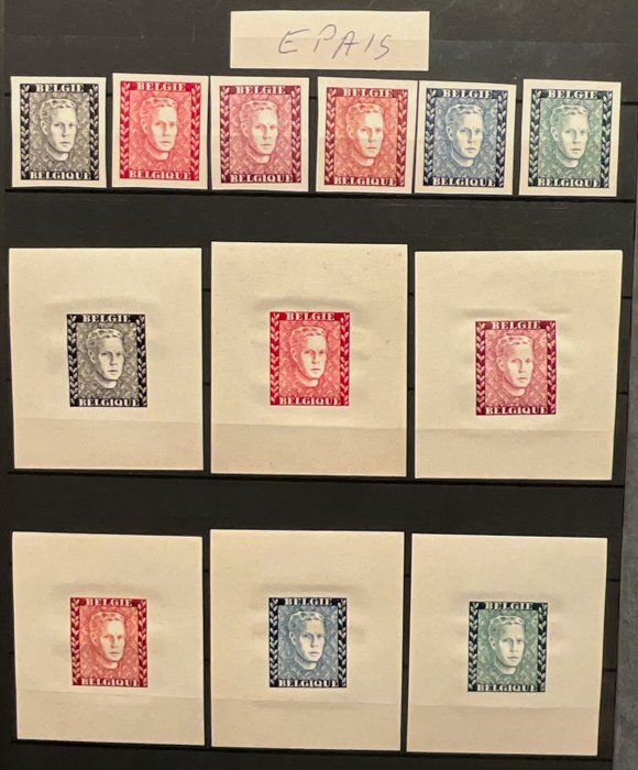 België 1947 – Proeven regent Karel – Volledige reeks in 6 kleuren – Zegels en Velletjes in Beide papiersoorten – E – Types A,B,C,D – Volledige set