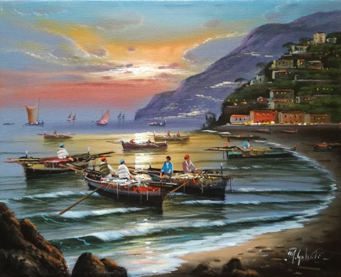 Mario Galanti (XX) - Tramonto  con pescatori a Positano
