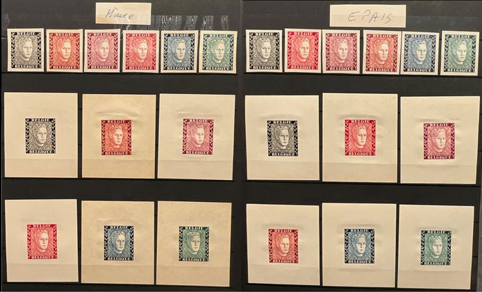 België 1947 - Proeven regent Karel - Volledige reeks in 6 kleuren - Zegels en Velletjes in Beide papiersoorten - E - Types A,B,C,D - Volledige set