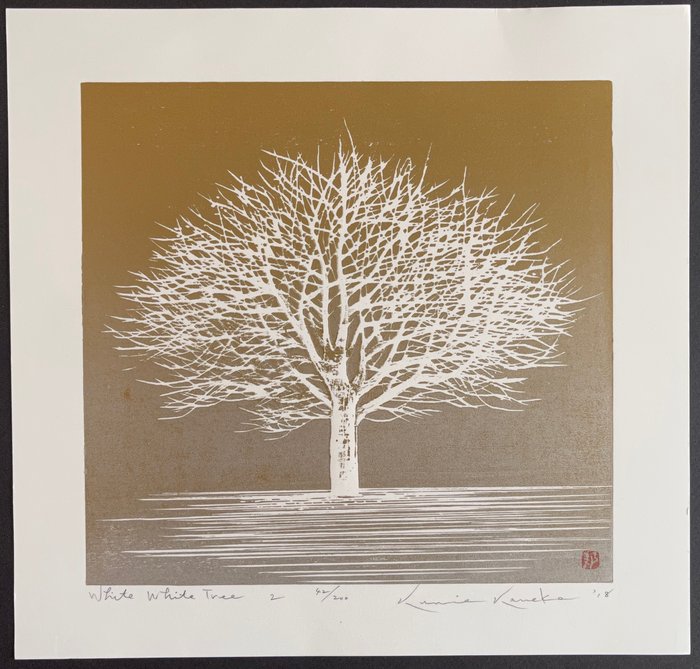 原始木刻版畫，由藝術家親筆簽名並編號 42/200 - 紙 - Kunio Kaneko (b 1949) - White White Tree 2 - 日本 - 2018年