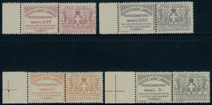 Itália - Reino 1936 - Seguro para Parcelas 4 valores da série. Certificado R. Diena - Sassone N. 11/13 + 15