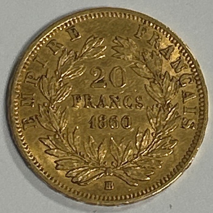 法國. 拿破崙三世 (1852-1870). 20 Francs 1860-BB, Strasbourg