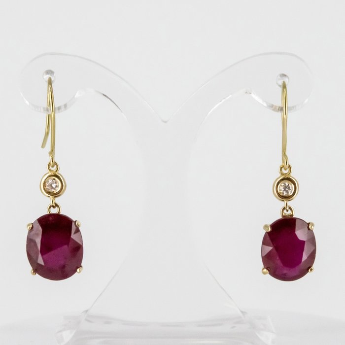 Earrings - 18 kt. Yellow gold Diamond  (Natural) - Ruby 