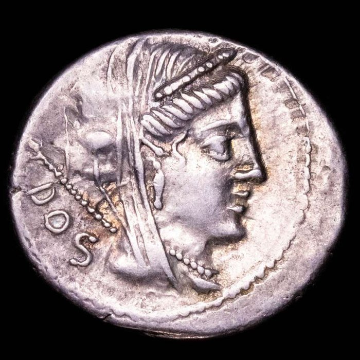 Romerska republiken. L. Rubrius Dossenus, 87 BC. Denarius Rome, 87 B.C.  L • RVBRI, triumphal quadriga right surmounted by Victory, eagle on thunderbolt on
