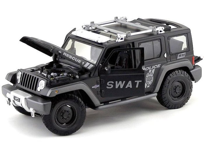 Maisto 1:18 - 1 - Miniatura de carro - Jeep Rescue Concept Police - Modelo fundido com 4 aberturas