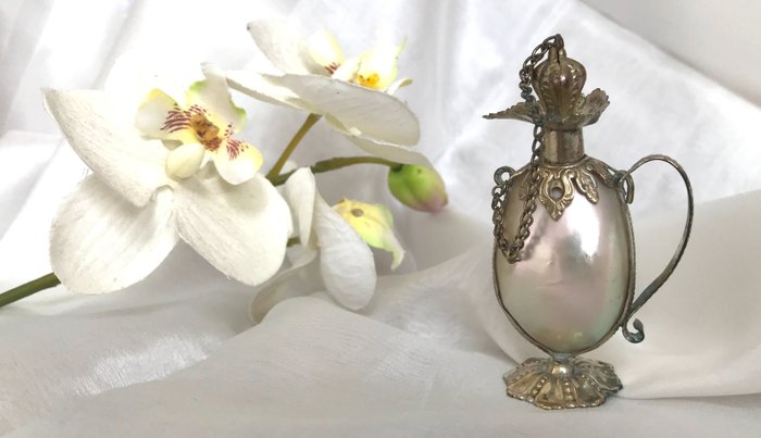 Perfume flask - Antique mother of pearl perfume bottle - mother of pearl and metal