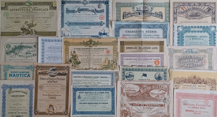 Verzameling van obligaties of aandelen - 21 verschillende Scheepvaart Maatschappijen - diverse landen