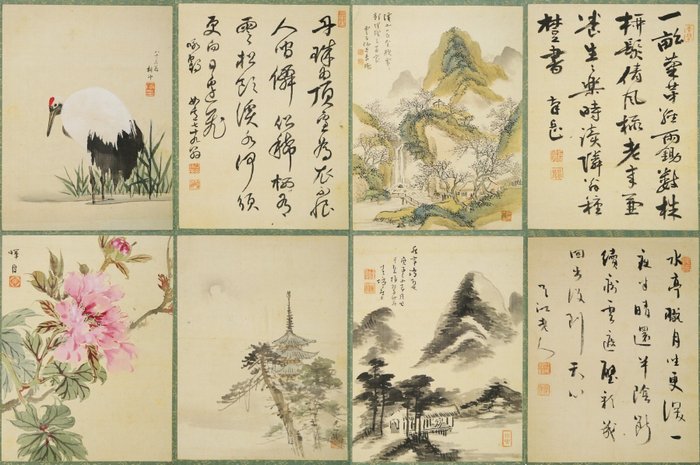 Very fine gassaku gajo with landscapes, birds-and-flowers and calligraphy, signed - Ema Tenko (1824-1901), Kawanabe Kyoun (1860-1908), Himeshima Chikugai (1840-1920), Asai Ryuto - 日本 - Meiji period (1868-1912)