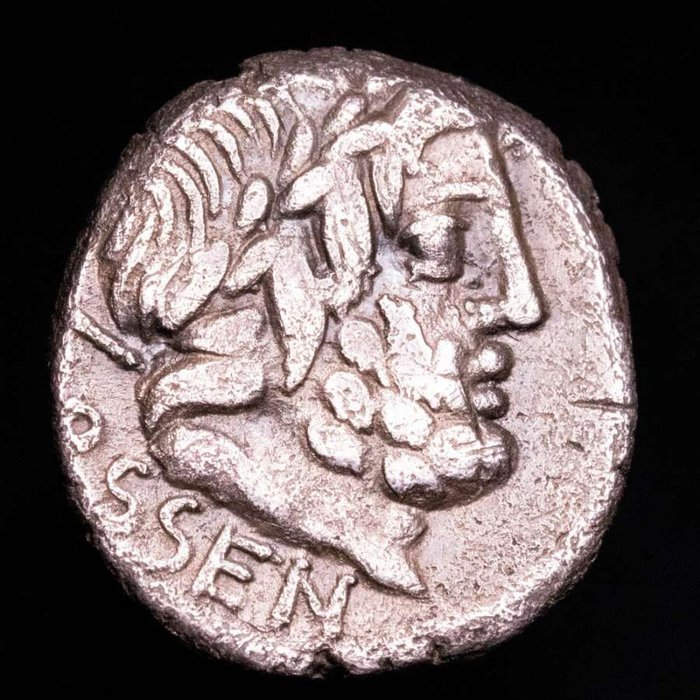 Romerska republiken. L. Rubrius Dossenus, 87 f.Kr.. Denarius Rome, 87 BC.  Triumphal chariot with side panel decorated with bird on thunderbolt; above, Victory