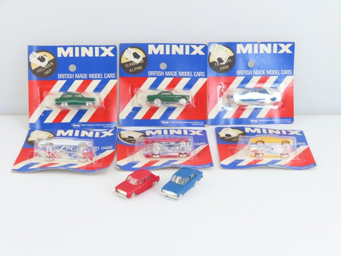 Minix 1:76 - 2/3/4/7/10 - 模型火車車輛 (8) - 8 輛車，包括 Triumph 2000、Sunbeam Alpine 和 Hillman IMP