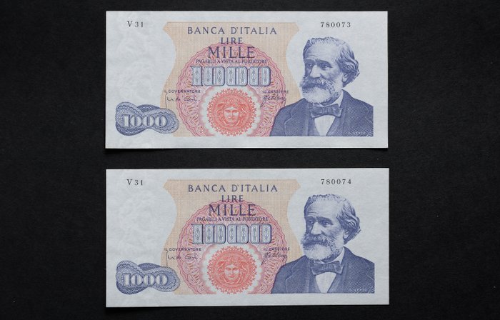 意大利. - 2 x 1.000 Lire 10/08/1965 - consecutive - Gigante BI 55E  (没有保留价)