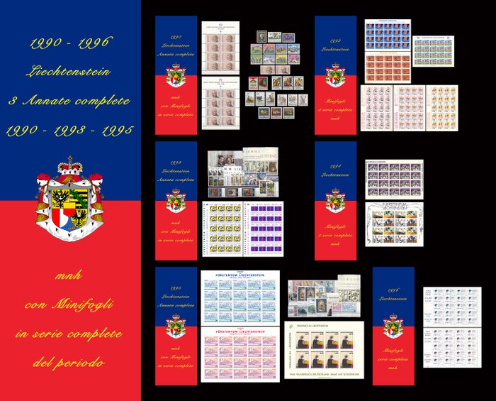 Liechtenstein 1990/1996 - Collection complète de 3 années 1990-1993-1995 et 17 feuillets miniatures MNH de l'époque - Unificato dal N 925 al N 951 dal N 995 al N 1019 dal N 1044 al N 1064