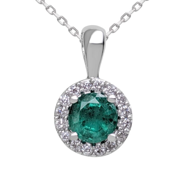 No Reserve Price Necklace with pendant - White gold  0.58ct. Round Emerald - Diamond 