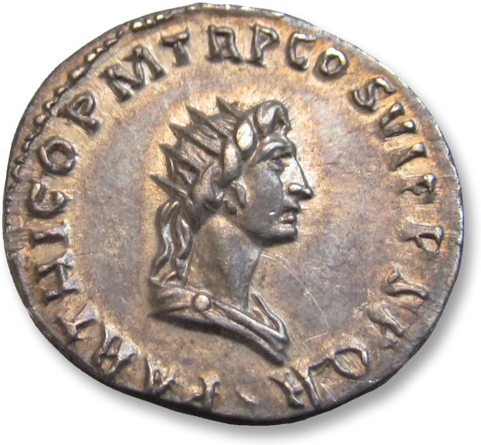 罗马帝国. 特拉扬 （公元 98-117）. Denarius Rome mint 116-117 A.D. - Bust of Sol reverse - beautiful toning