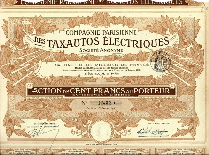 Bonds or shares collection - France - Art Deco automobile - Compagnie Parisienne des Taxautos Electriques 1907 - All its coupons