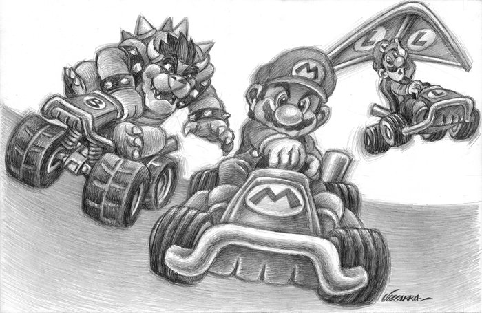 Joan Vizcarra - Mario Car - Mario, Lugi and Bowser - Pencil Drawing - 50 x 32 cm - Original Artwork