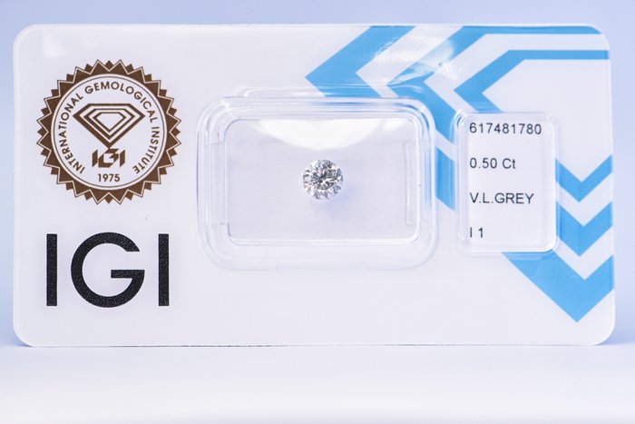 1 pcs Diamond - 0.50 ct - Round - VERY LIGHT GREY - I1  IGI Sealed ** No Reserve Price **