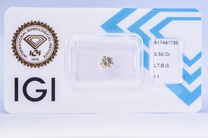 1 pcs Diamant - 0.50 ct - Rund - Light Brownish Green - I1 EX/VG/VG  IGI Sealed ** No Reserve Price **