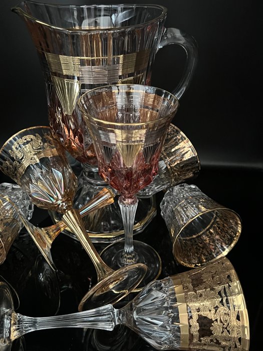 Antica cristalleria italiana - Juoma-astiasto (7) - Ainutlaatuinen kokoelma valkoviinilaseja, joissa on suuri karahvi - .999 (24 kt) kulta, Kristalli