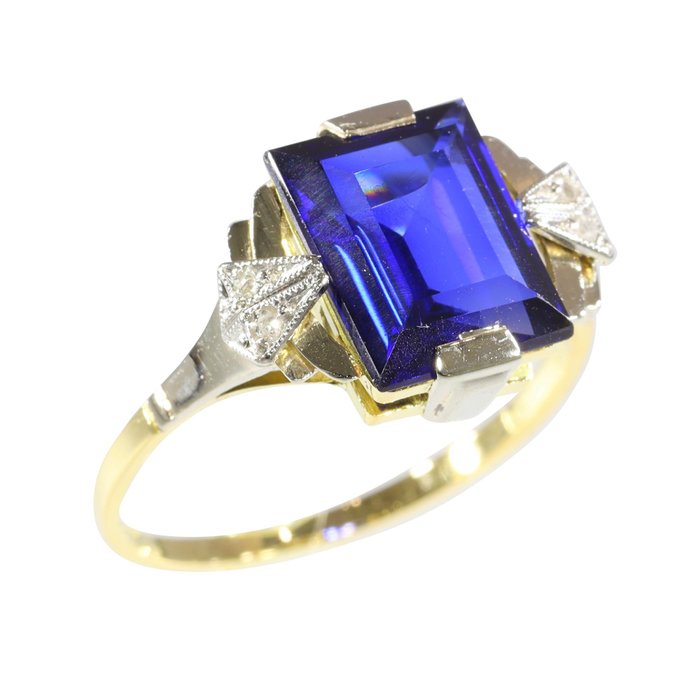 Ohne Mindestpreis - Free resizing*, Vintage 1920's Art Deco, 3.00 crt Sapphire Ring - Gelbgold, Platin - Diamant 