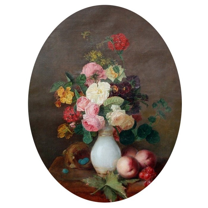 French School (XIX) - Classical still life with flowers and peaches
