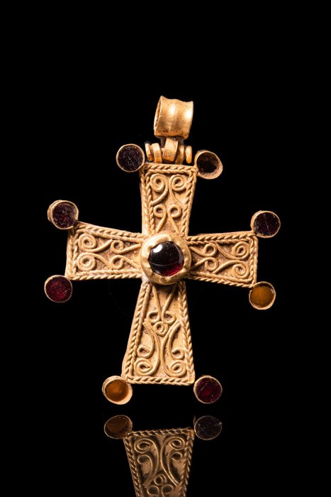 Bizantino Colgante Cruz de Oro con Piedras Granates