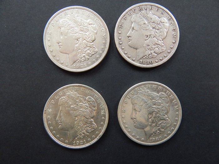 USA. A lot of 4x peace of Morgan Silver Dollars 1880-S, 1889, 1921-D (x2)
