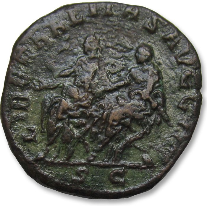 羅馬帝國. Philip II (AD 247-249). Sestertius Rome mint - LIBERALITAS AVGG III, Philip II and Philip I seated left -