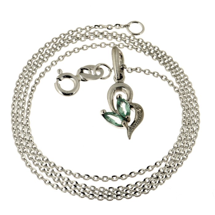 Necklace with pendant - White gold, Mixed White Gold  0.18ct. Emerald - Diamond 