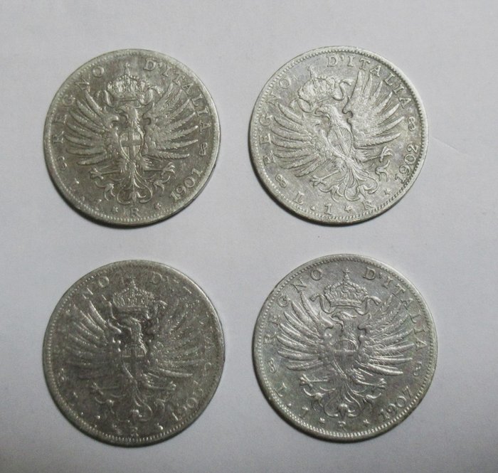 意大利， 意大利王国. 维托里奥·伊曼纽尔三世·迪·萨沃亚 （1900-1946）. 1 Lira 1901/1907 "Aquila Sabauda" (4 monete)  (没有保留价)