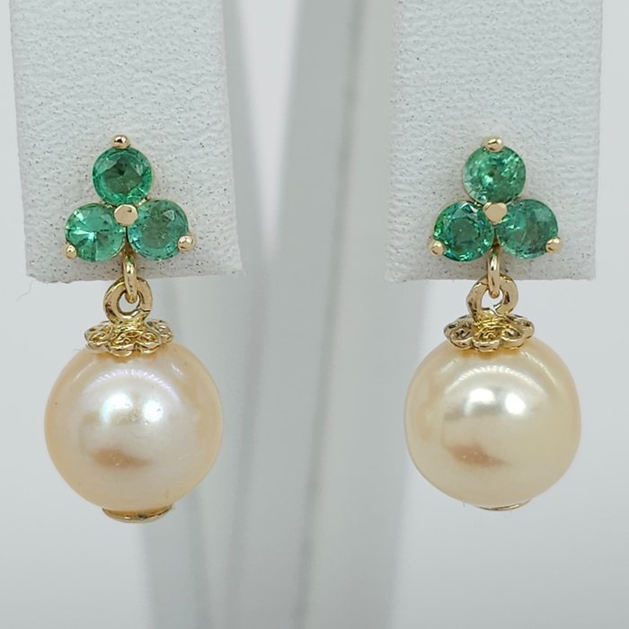 沒有保留價 耳環 - 黃金  0.90ct. 圓形 祖母綠 - 珍珠 