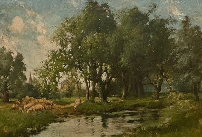 Frans De Beul (1849-1919) - Schapen aan de rivier
