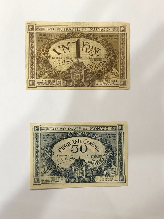 Monako. - 2 Billets Various Denominations - 1920  (Bez ceny minimalnej
)