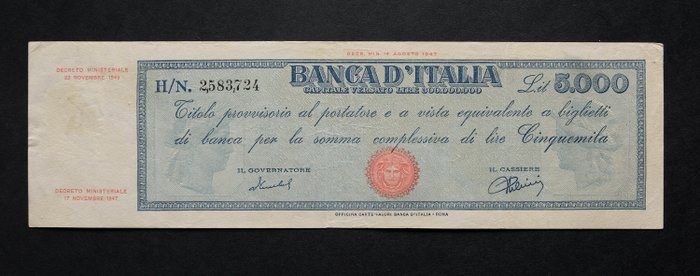 義大利 - 5.000 Lire 22/11/1949 "Titolo Provvisorio" (Medusa) - Gigante BI 63E