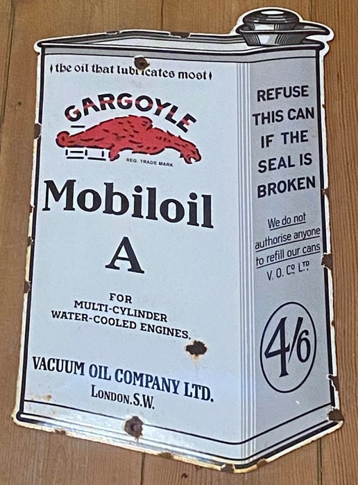 Rare Gargoyle Mobiloil Oil Can A Large Sign Enamel Dealer Garage Sign - Enseigne en émail (1) - Émail