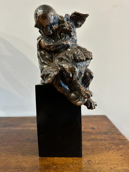 Escultura, Fanciulla con schnauzer - 33 cm - Aleación