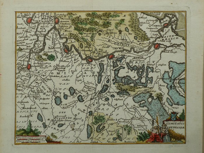 Países Bajos, Mapa - Güeldres, Zutphen / Achterhoek; F. Faugrant - Comitatus Zutphaniae - 1721-1750