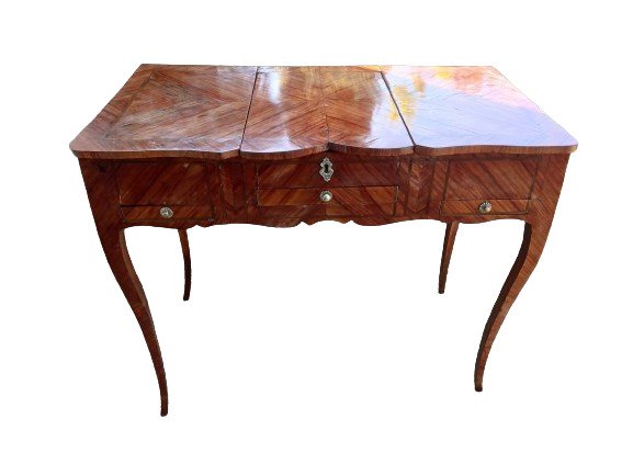 化妝桌 - 18世紀路易十五時期的漂亮梳妝台，紅木鑲嵌人字形翅膀 - 橡木, 鋼, 铜鎏金, 鬱金香木