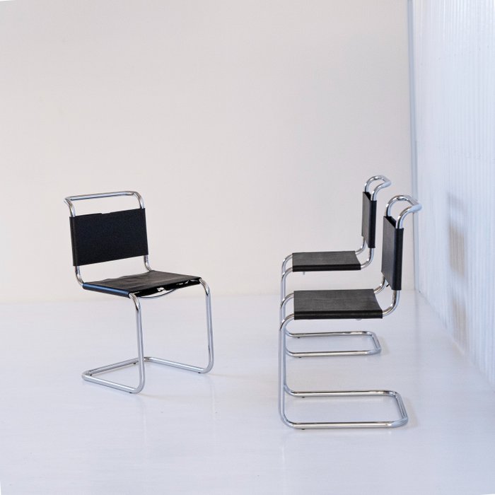 Knoll - Marcel Breuer - Chaise de salle à manger (3) - S33 Spolète - Cuir, Plaquage chrome