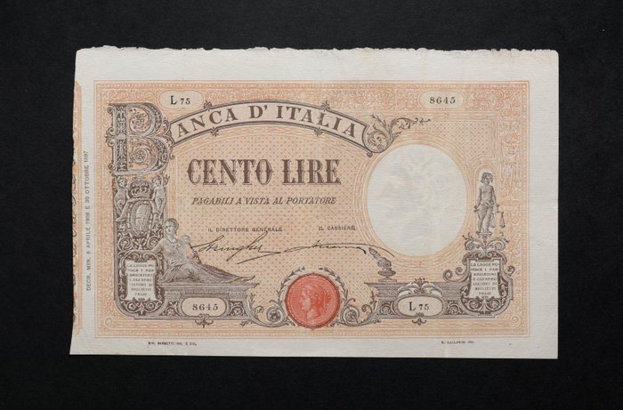 Italië - 100 Lire 08/04/1908 "Grande B" (Matrice) - Gigante BI 15/8