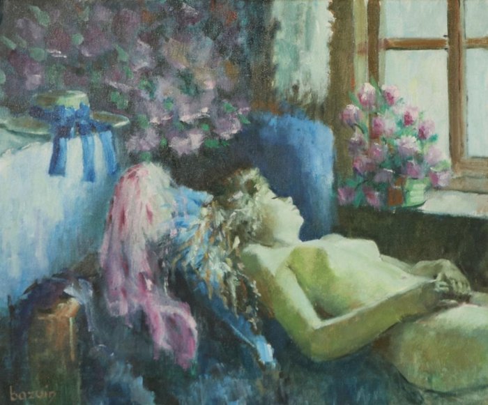 Jan Bazuin (1930-2003) - Slapend naakt meisje bij het raam tussen bloemen