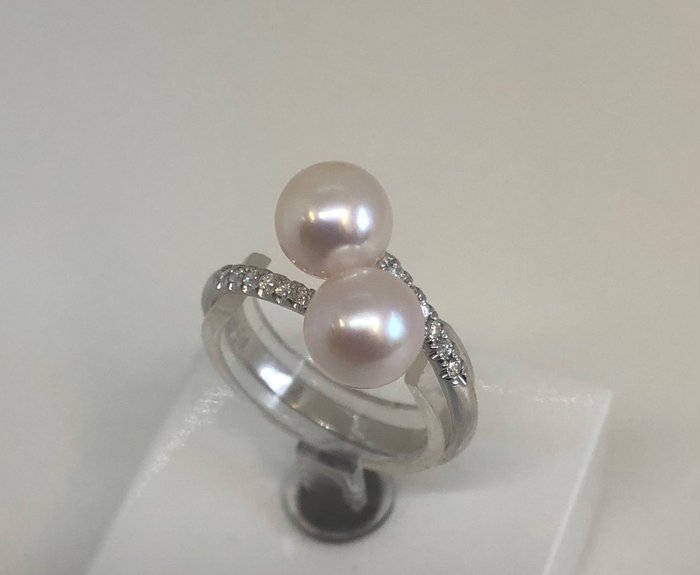 Gyűrű Fehérarany 18K - Akoya Pearl -  0.06 tw. Gyémánt  (Természetes) 