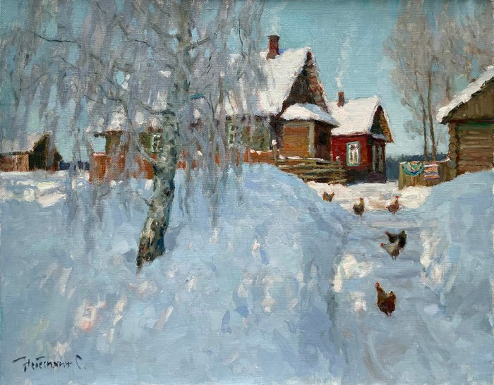Sergei Nebessikhine (1964-) - Village sous la Neige - Le chemin des Poules