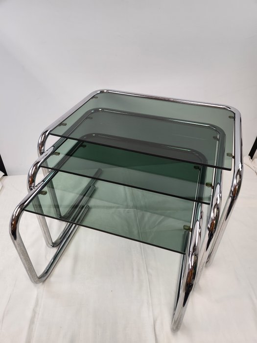 Mesas encaixáveis - Três mesas laterais - Camada cromada, Vidro