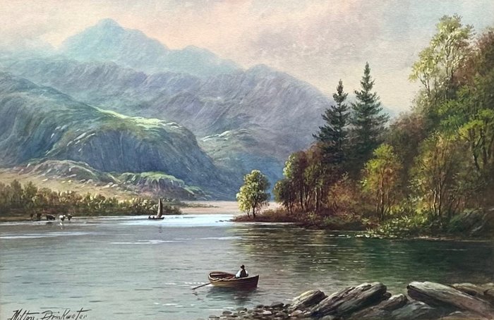 Albert Milton Drinkwater (1860-1917) - Highland Scene with rowing boat as cattle are watering